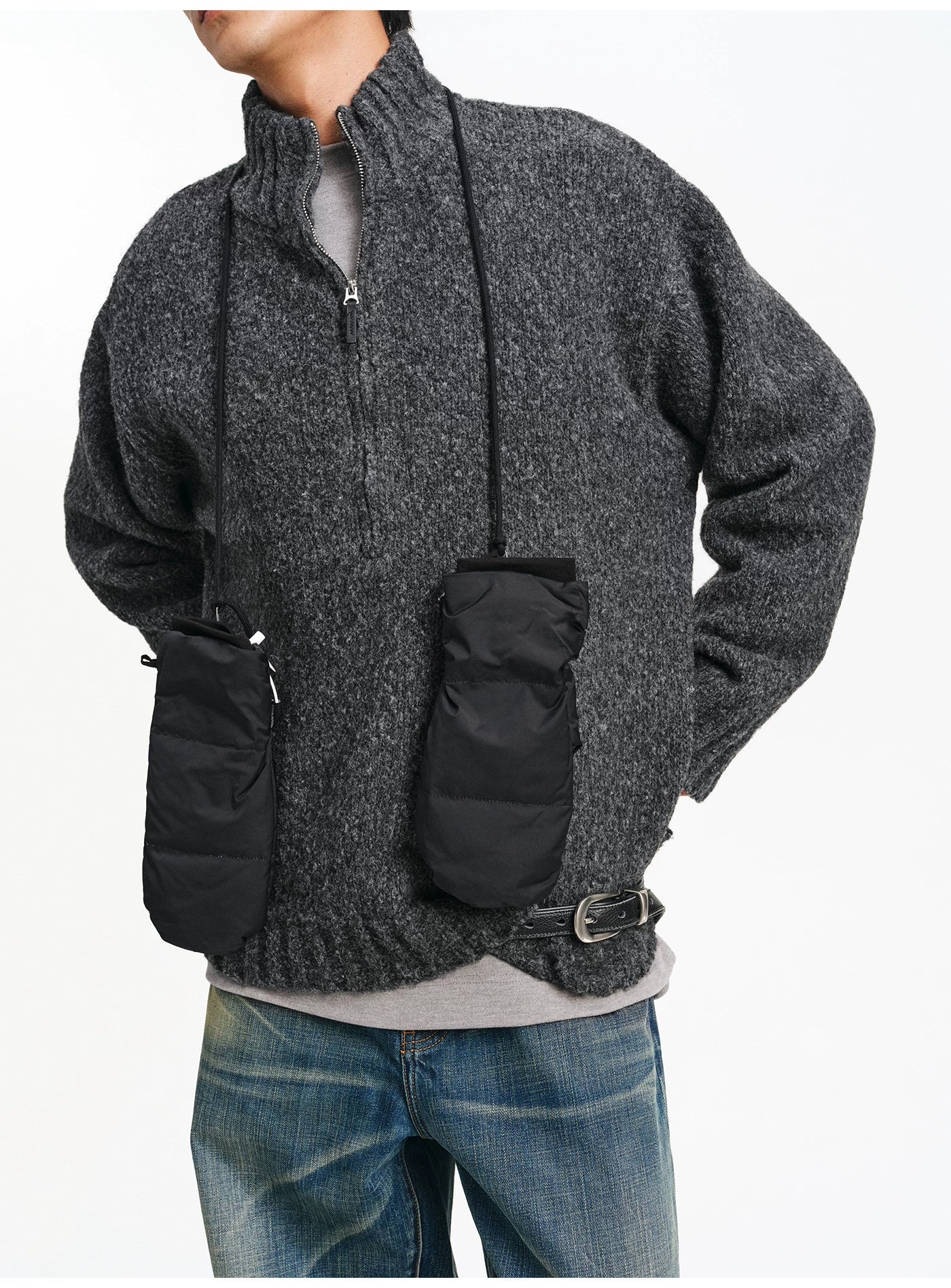Textured Bouclé Half-Zip Knit – Charcoal