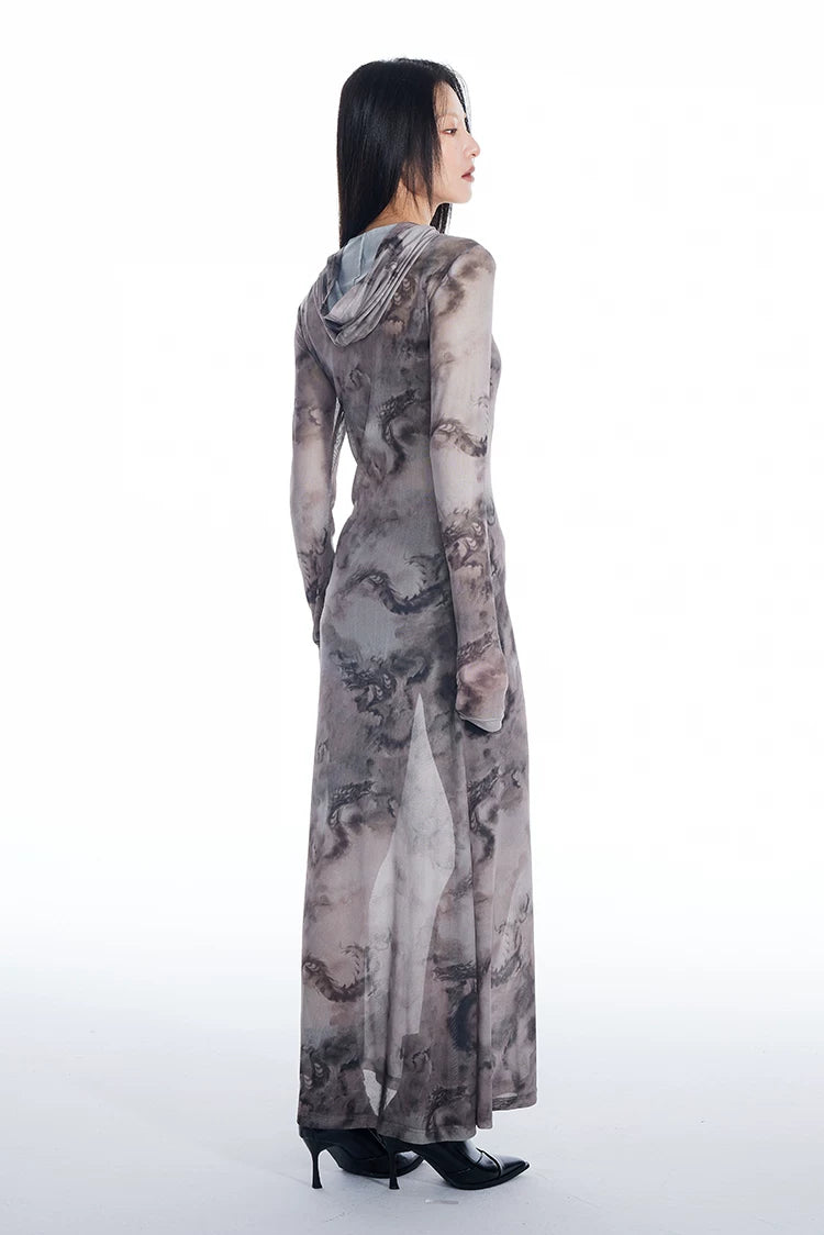 Dragon Veil Hooded Mesh Maxi Dress