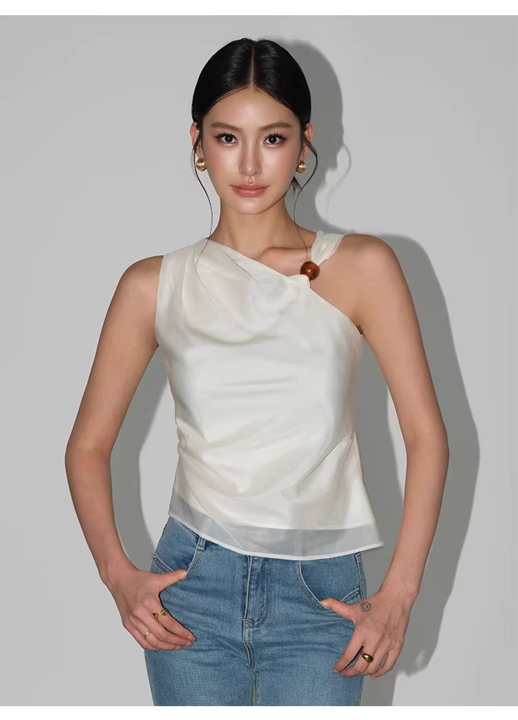 Beaded One Shoulder Top in Black Ink or White