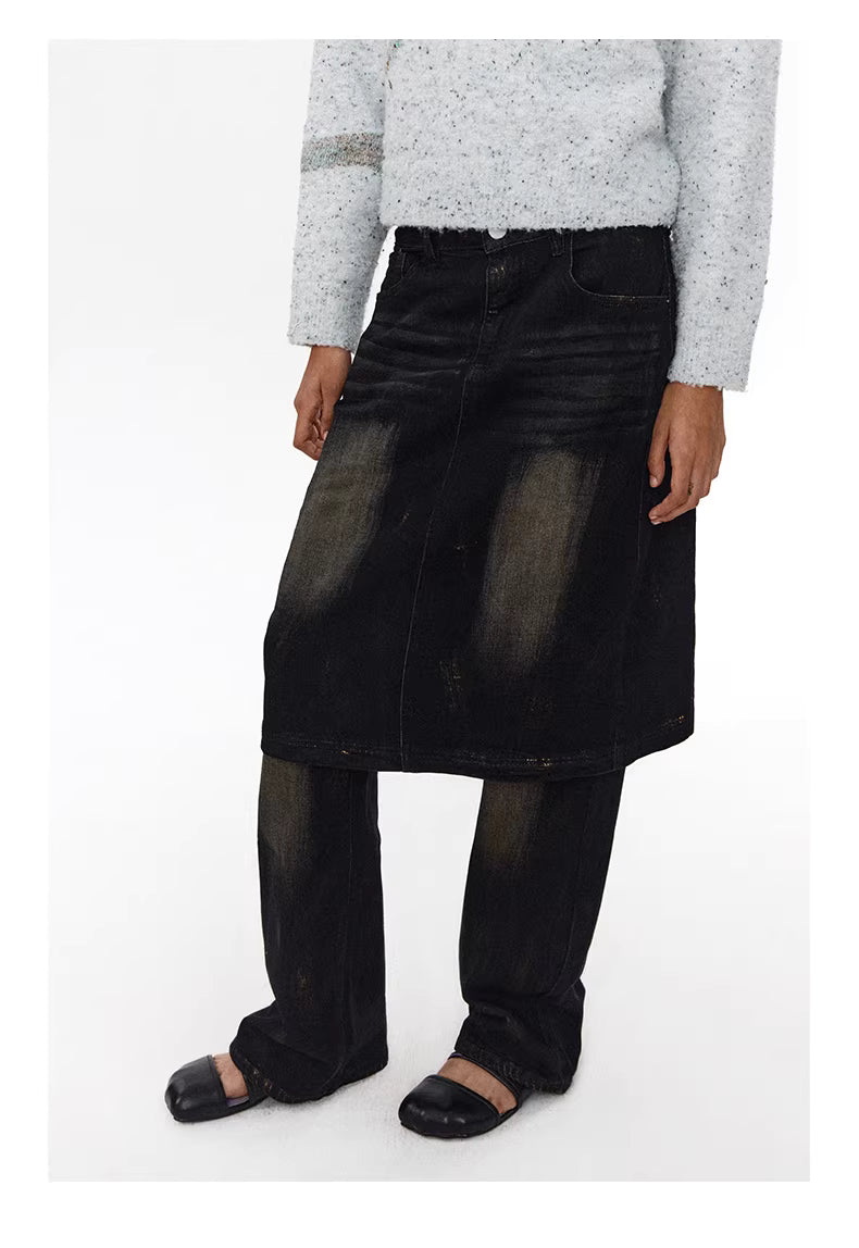 Shadow Wave Denim Skirt-Pant