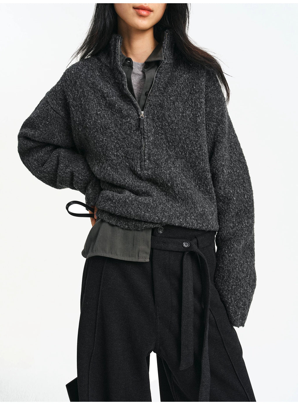 Textured Bouclé Half-Zip Knit – Charcoal