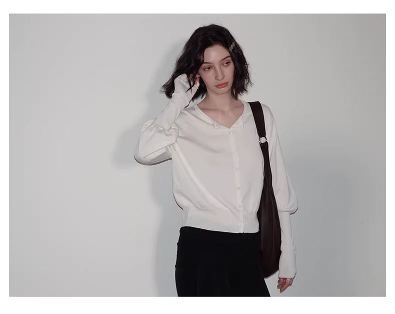 Lantern Sleeve Cardigan in Black Ink or White