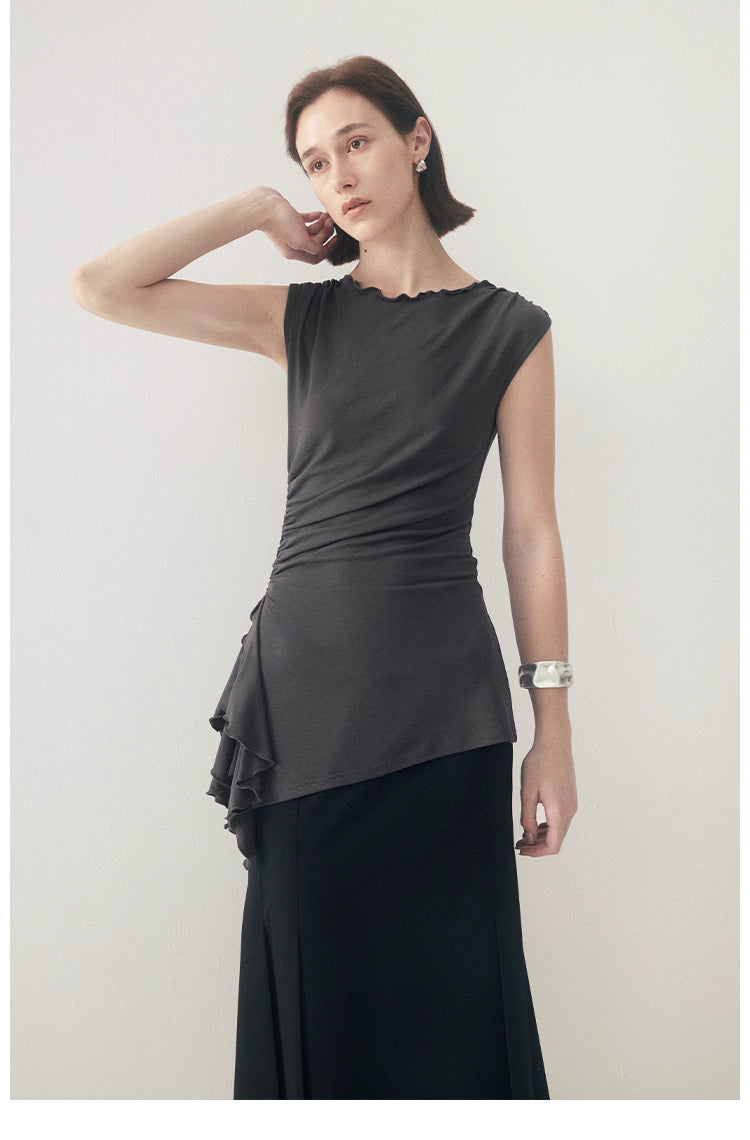 Ruffled Knit Top in Charcoal or Beige