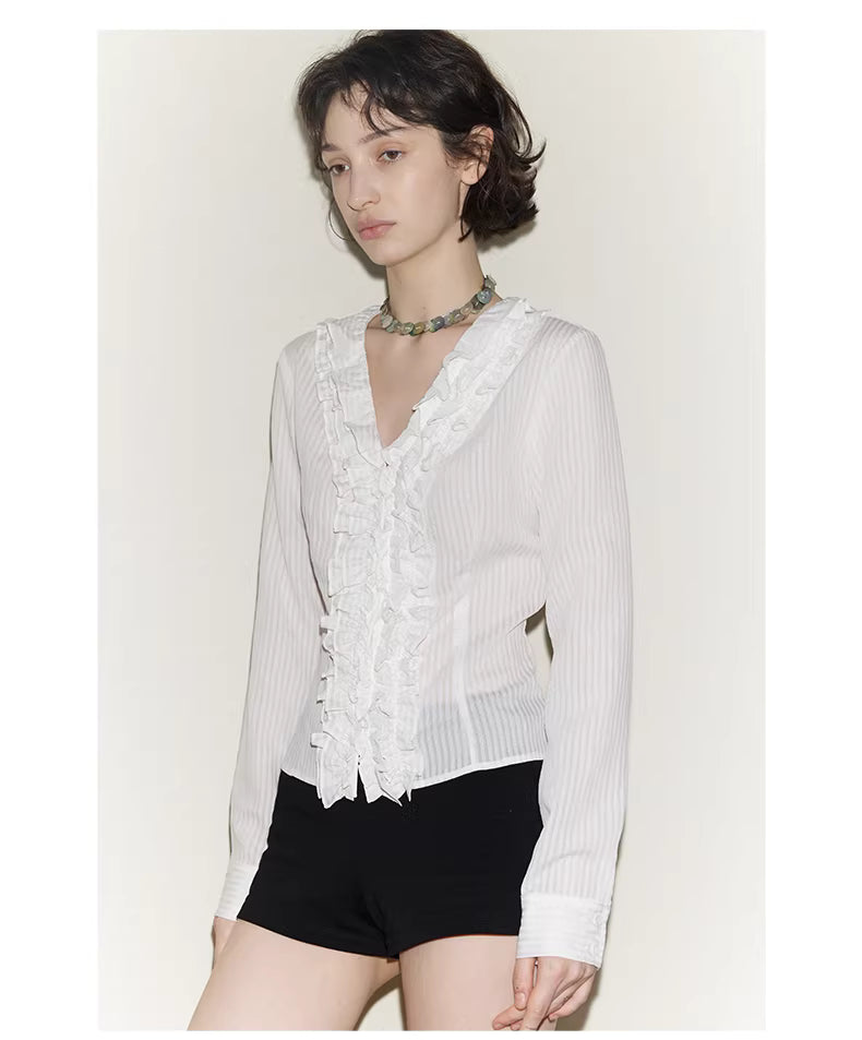 Ruffle Bodice Pinstripe Blouse