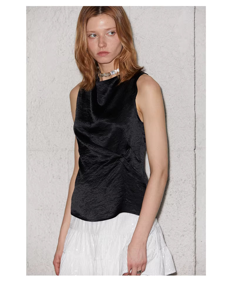 Crinkled Satin Cowl-Neck Top with Button-Back Detail