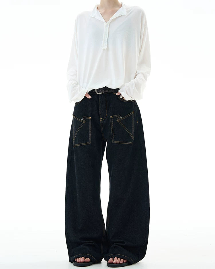 Wide-Leg Contrast Stitch Denim