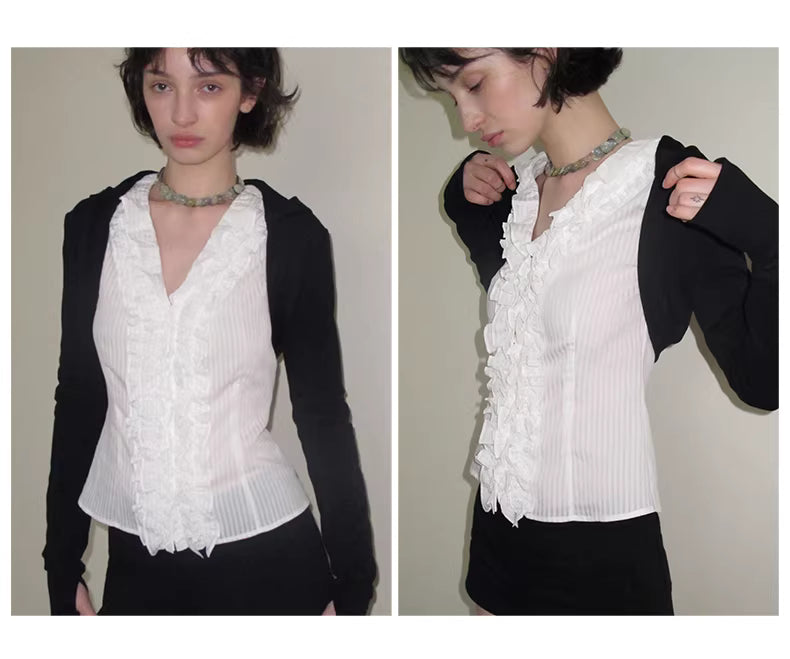 Ruffle Bodice Pinstripe Blouse