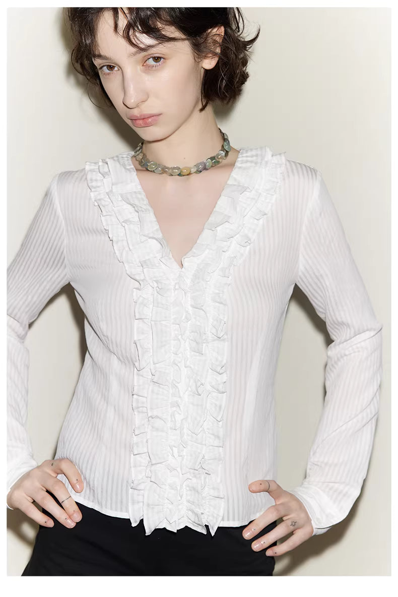 Ruffle Bodice Pinstripe Blouse