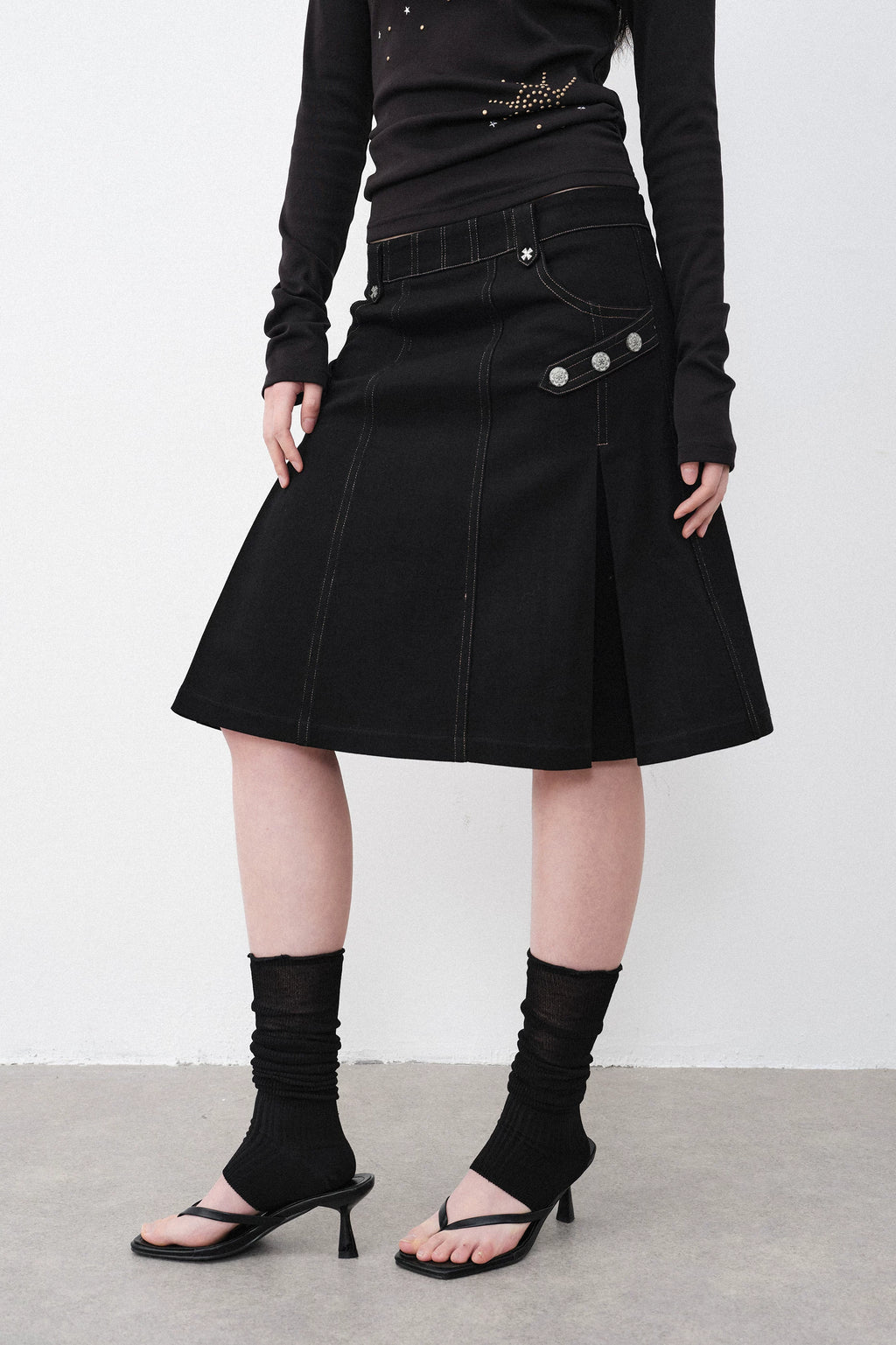 Silver Hardware Pleated Midi-Skirt