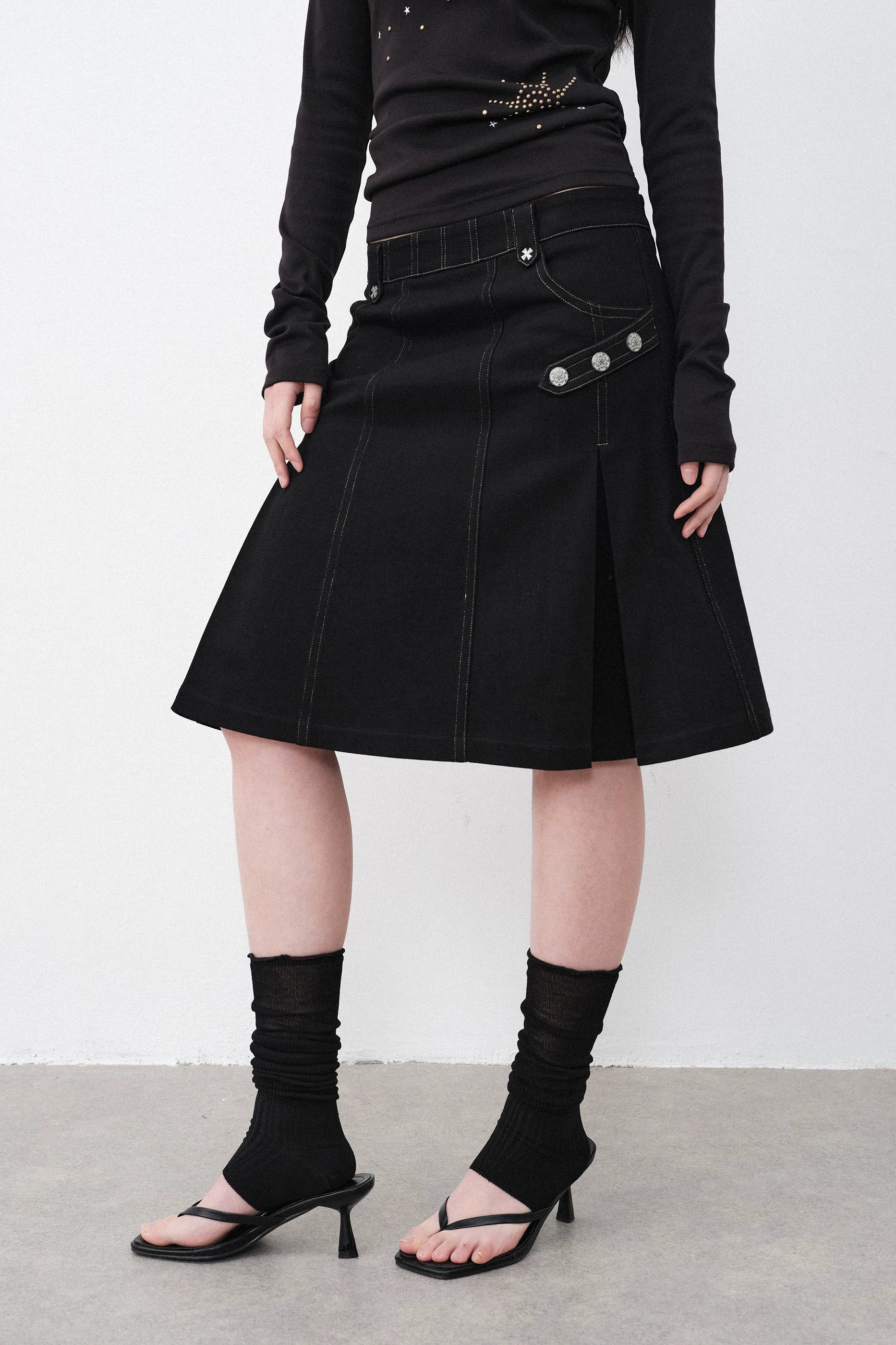 Silver Hardware Pleated Midi-Skirt