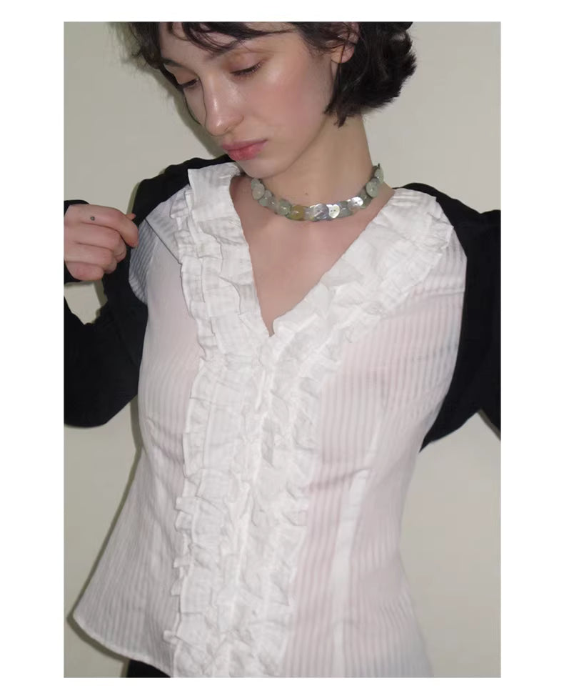 Ruffle Bodice Pinstripe Blouse