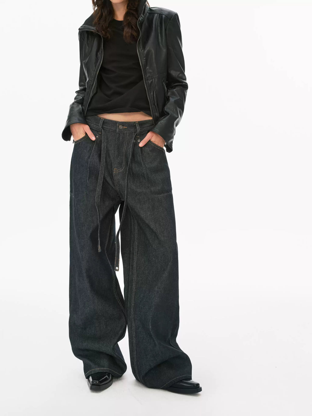 Pleated Wide-Leg Denim Trousers