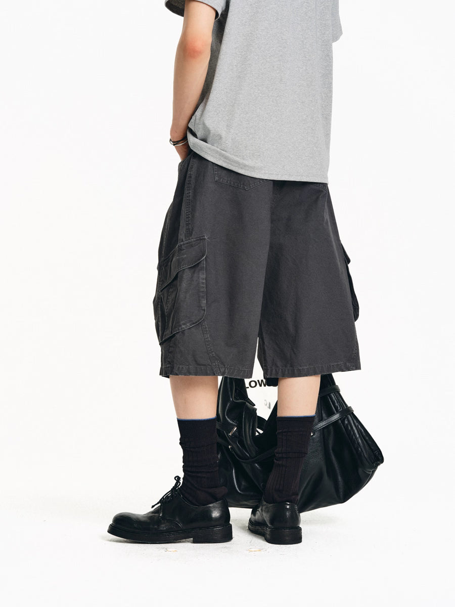 Drawstring Washed A-line Cargo Wide-Leg Shorts
