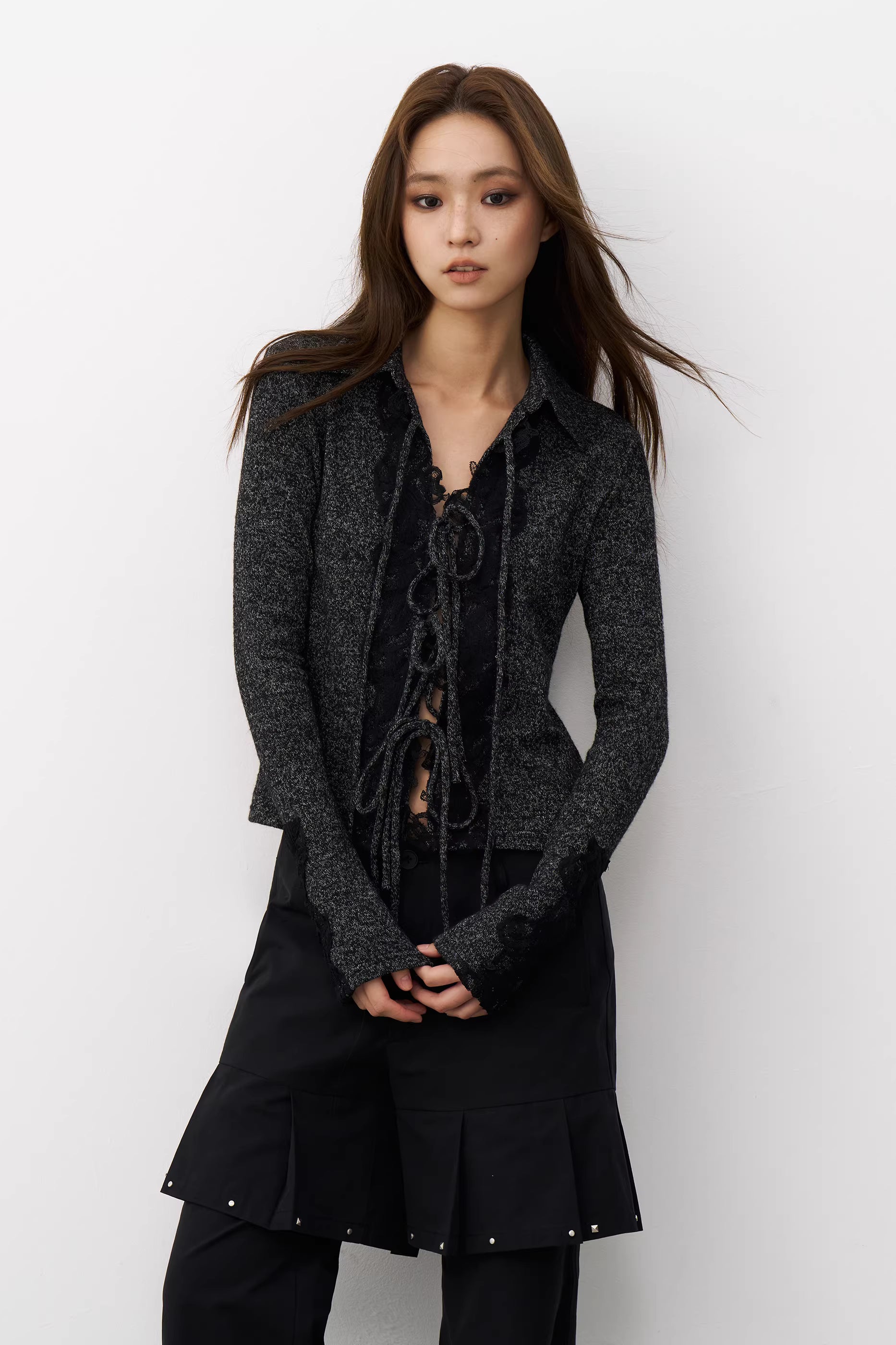 Charcoal Marl Lace-Up Knit Top