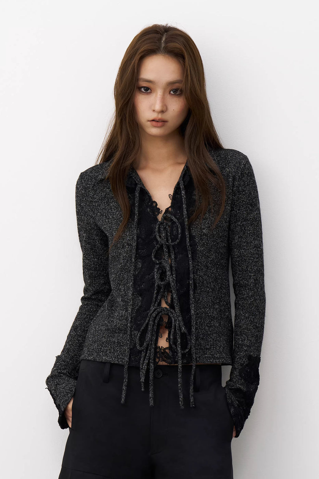 Charcoal Marl Lace-Up Knit Top