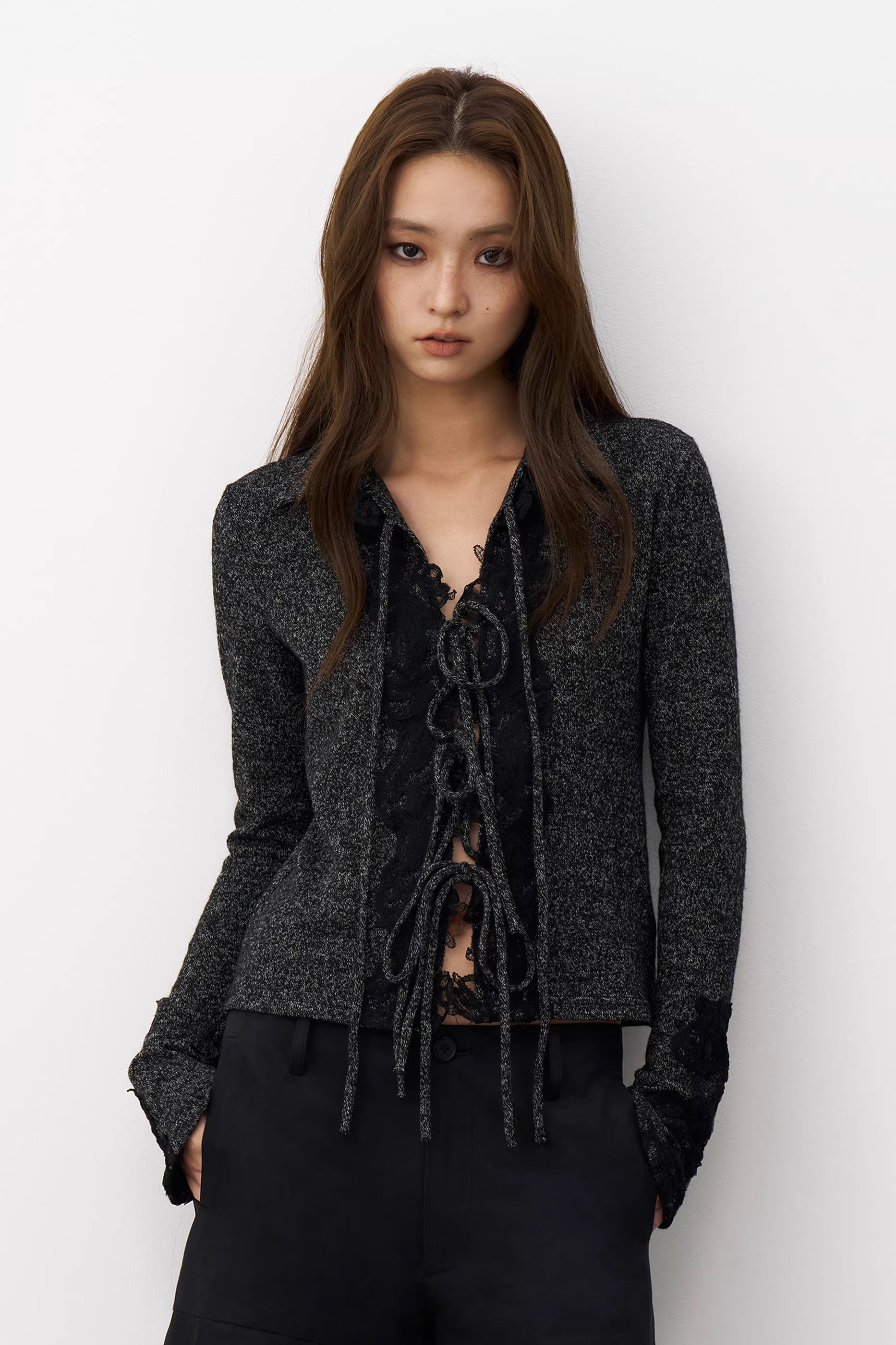 Charcoal Marl Lace-Up Knit Top