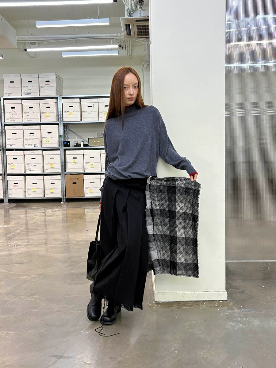 Plaid Tassel Long-line Skirt