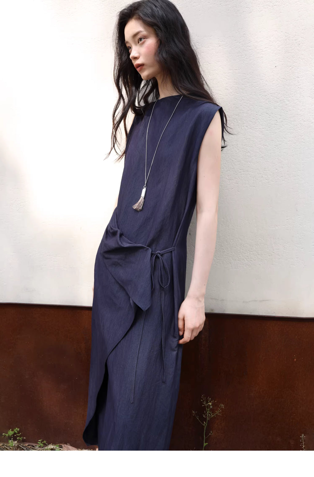 Sculptural Indigo Side-Tie Maxi Dress