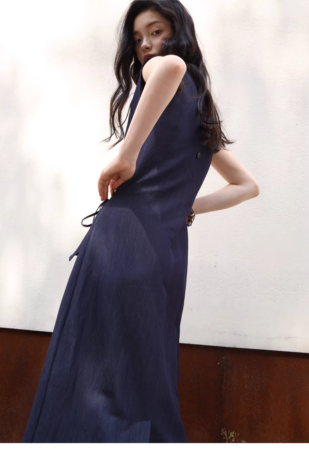 Sculptural Indigo Side-Tie Maxi Dress