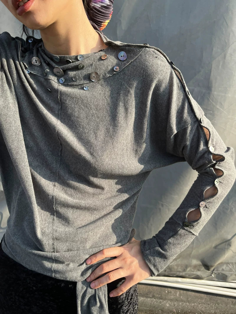 Shell Collar Button Sleeve Jersey Top