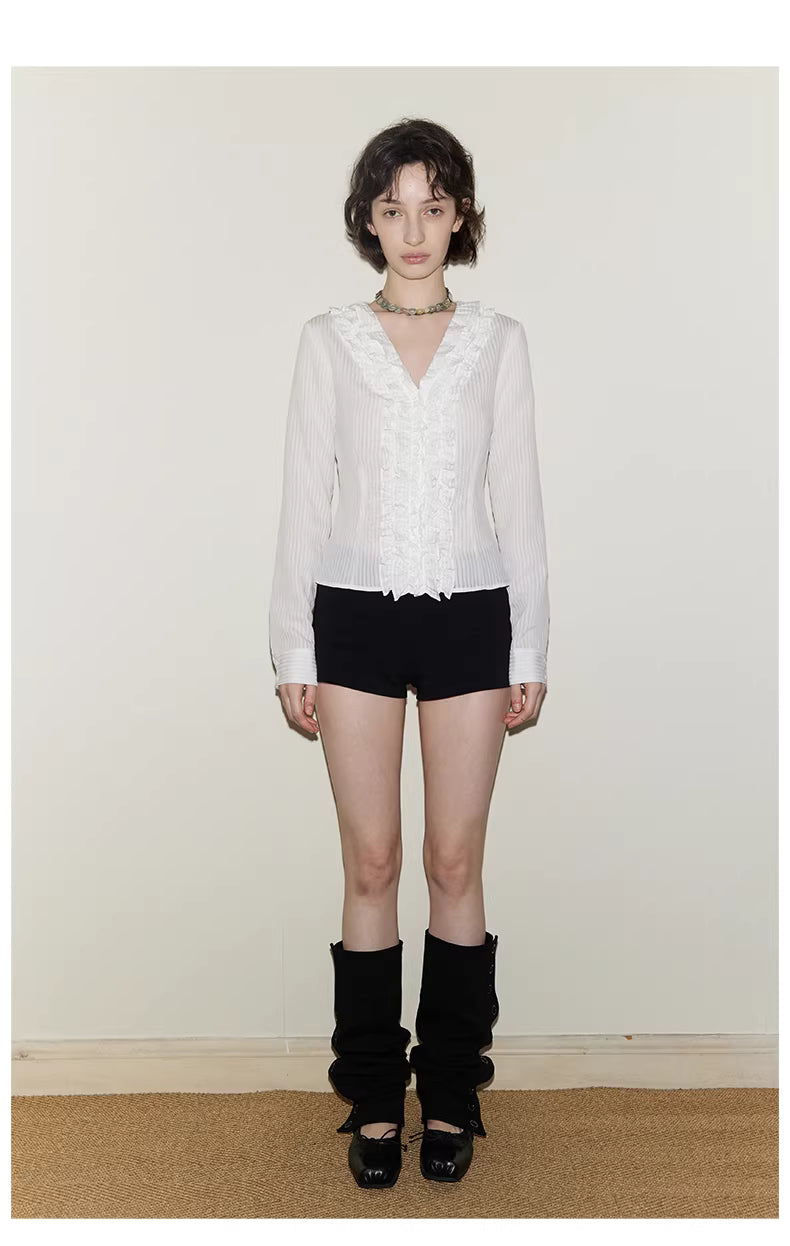 Ruffle Bodice Pinstripe Blouse