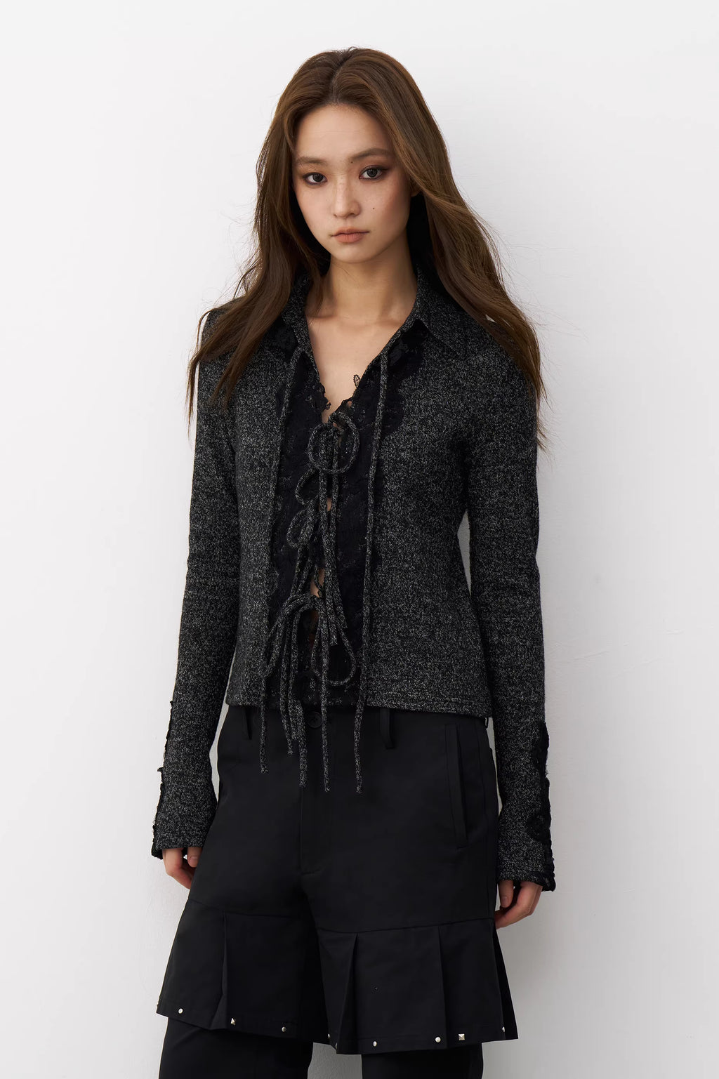 Charcoal Marl Lace-Up Knit Top