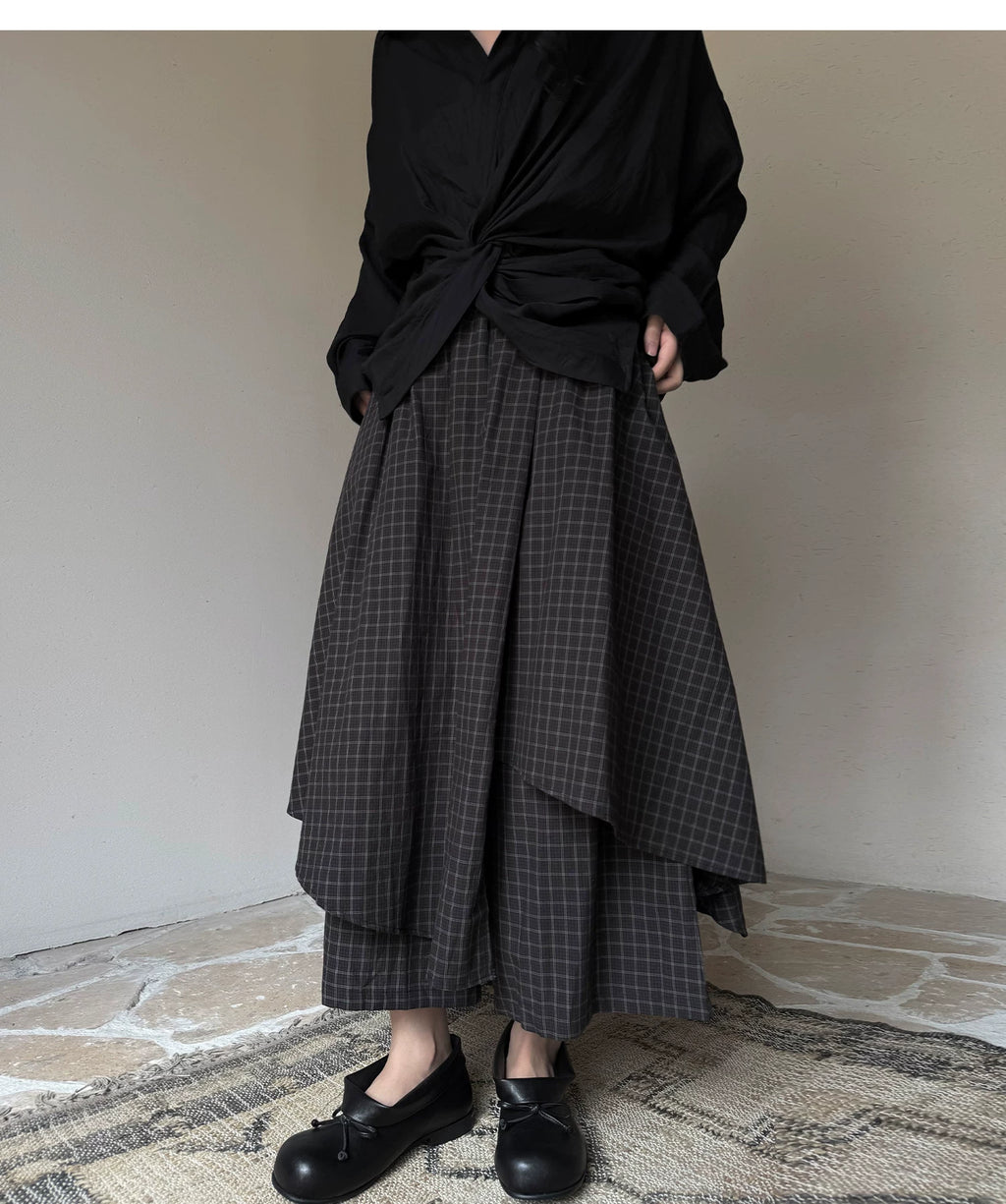 Layered Check Wide-Leg Skirt Trousers