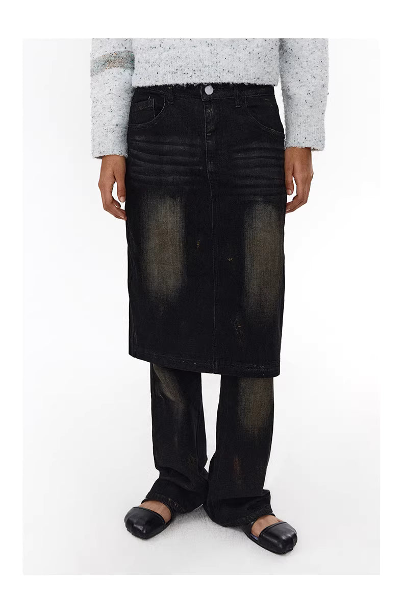 Shadow Wave Denim Skirt-Pant