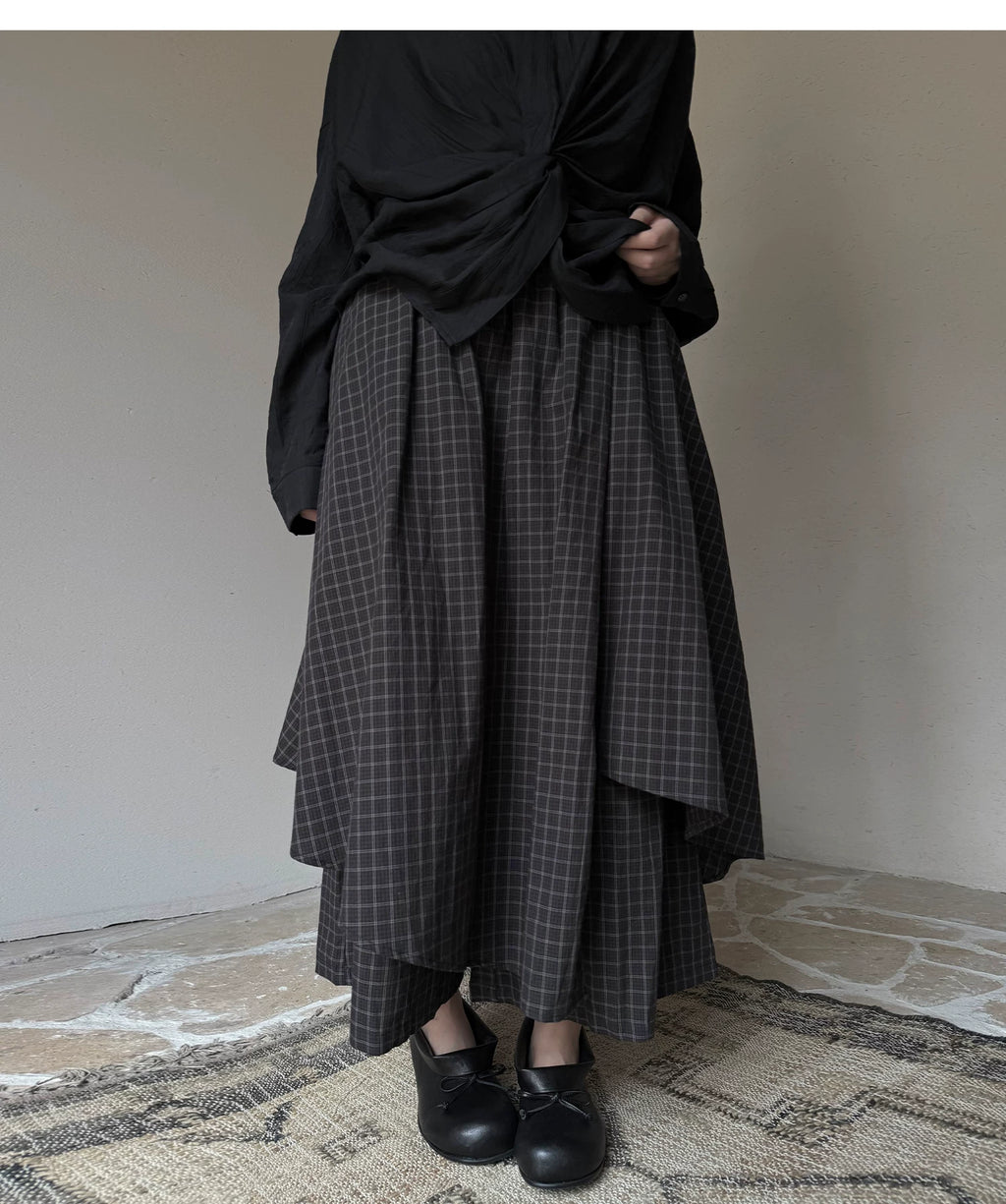 Layered Check Wide-Leg Skirt Trousers