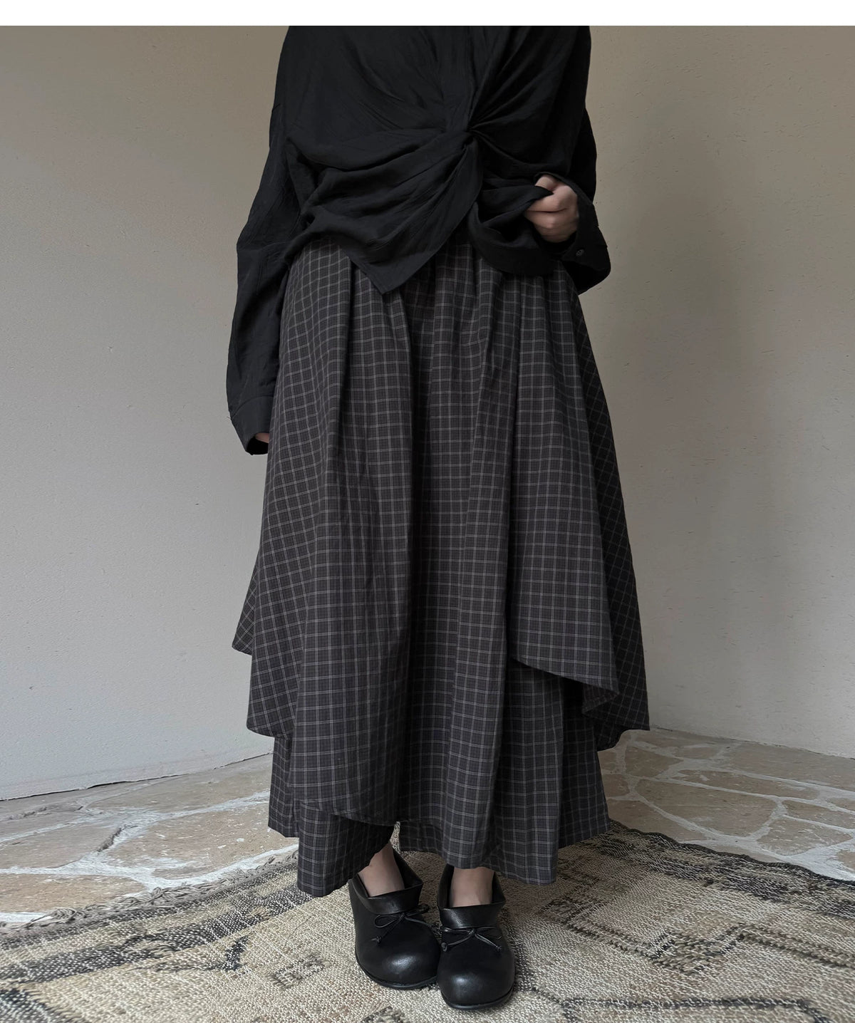 Layered Check Wide-Leg Skirt Trousers