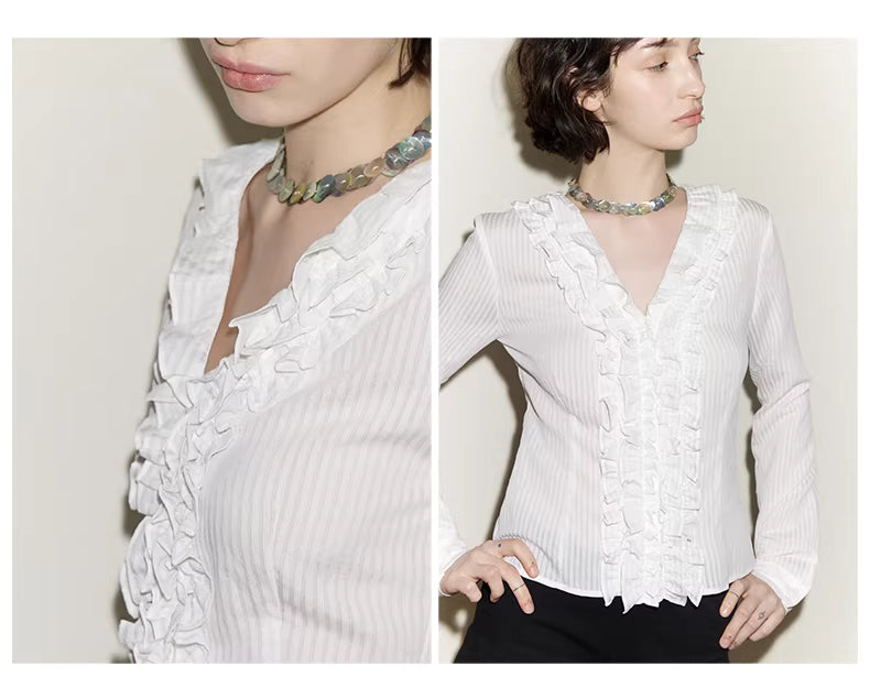 Ruffle Bodice Pinstripe Blouse