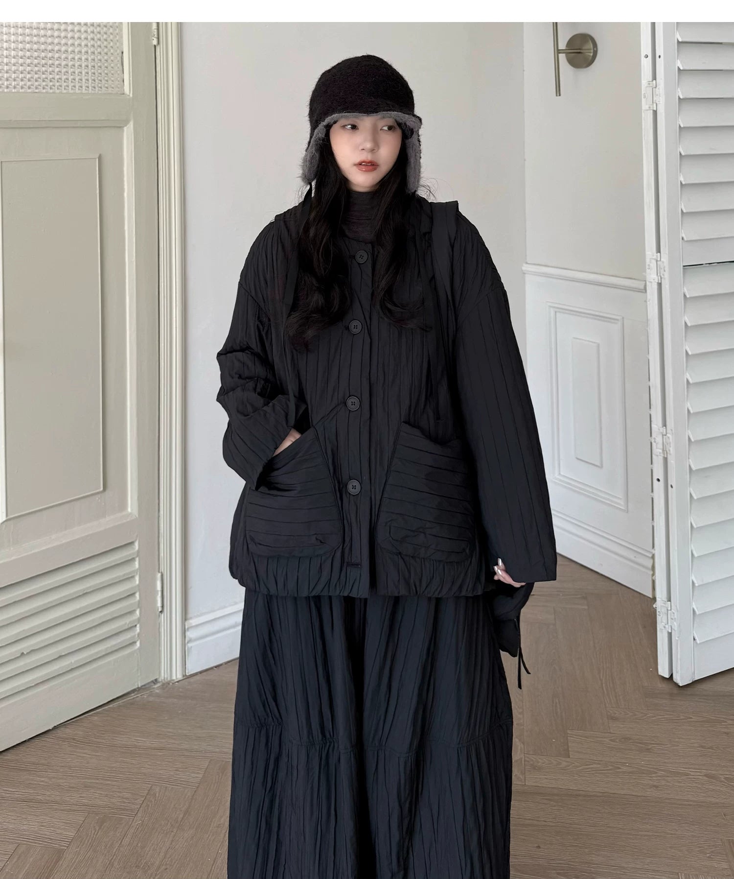 Crinkled Quilted Utility Jacket – Black