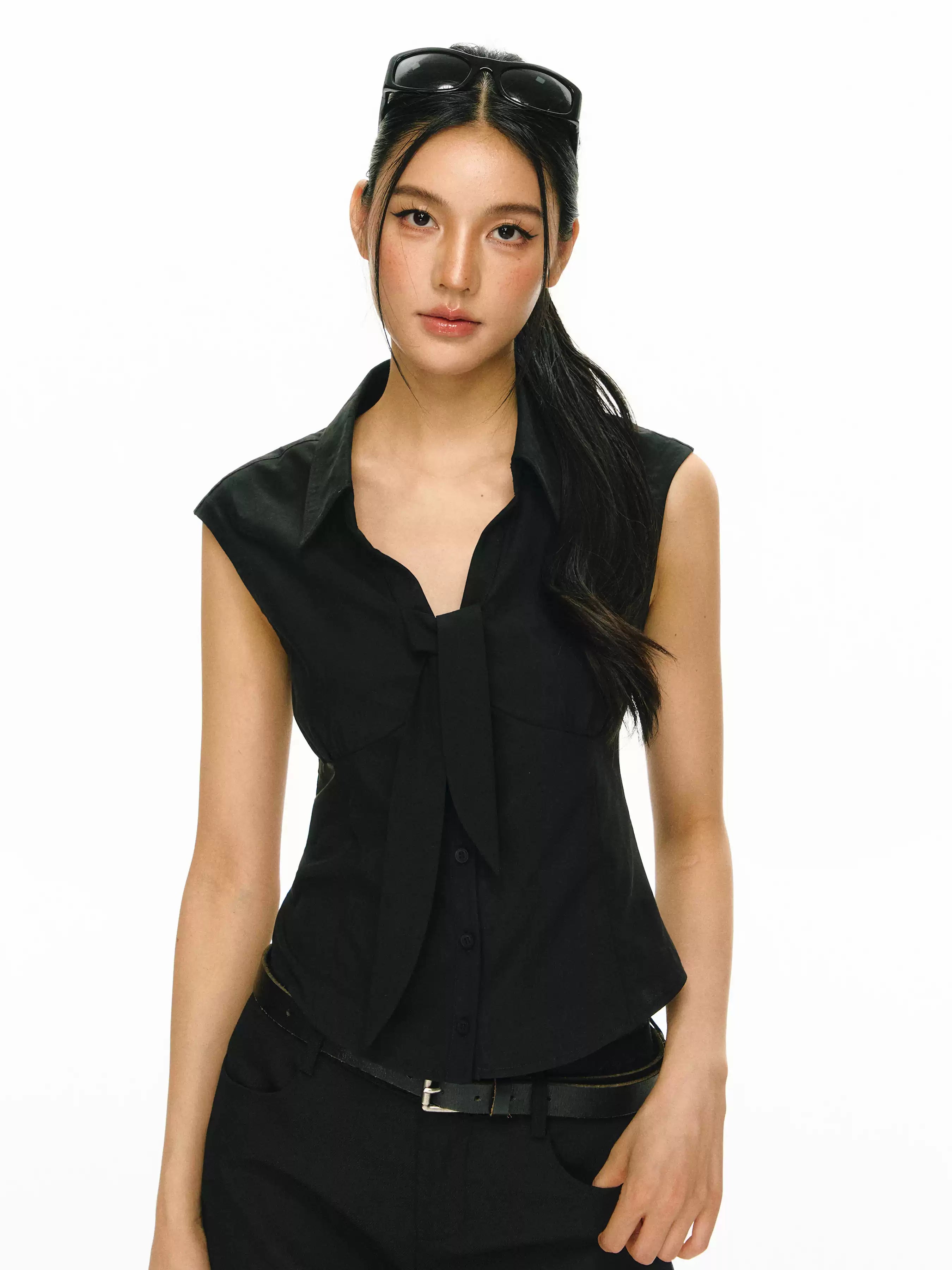 Tailored Sleeveless Tie Blouse