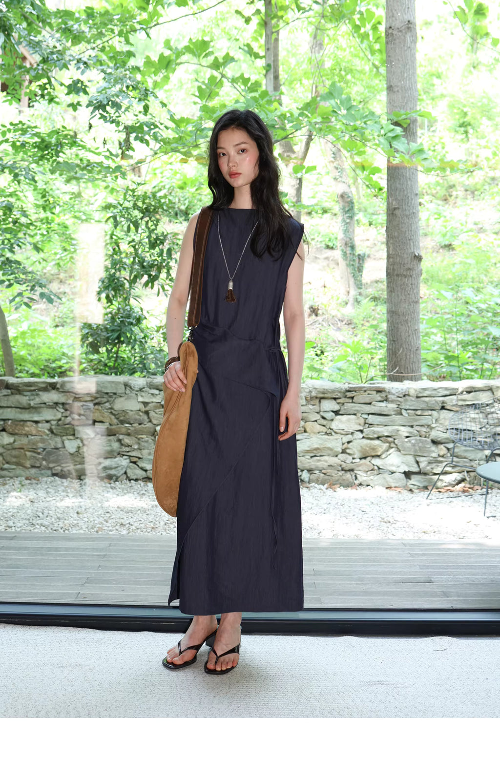 Sculptural Indigo Side-Tie Maxi Dress