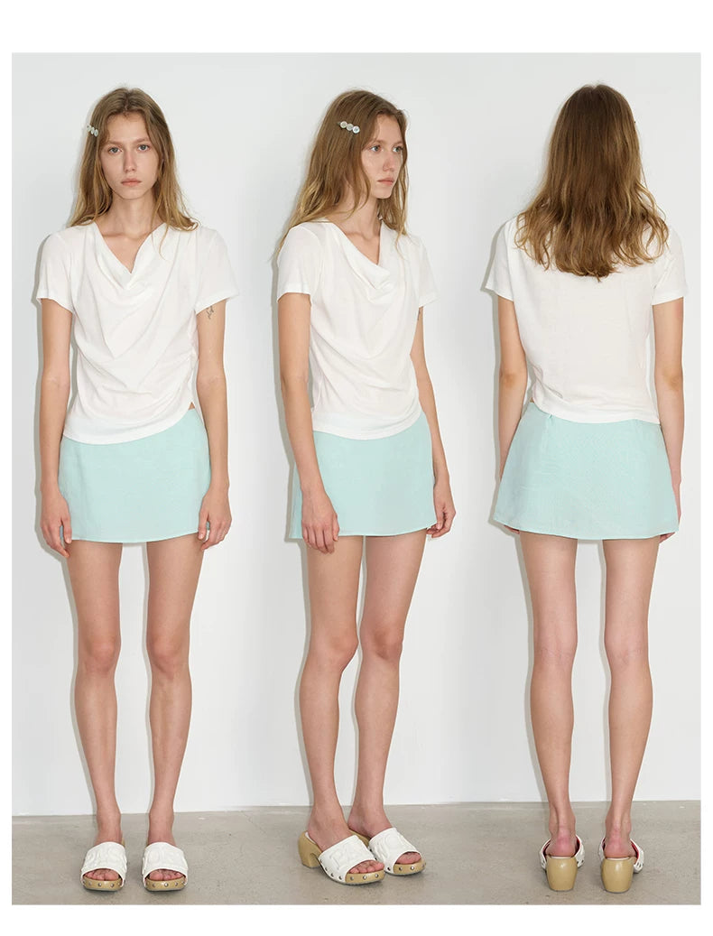 Ruched Cowl Neck Cotton Top