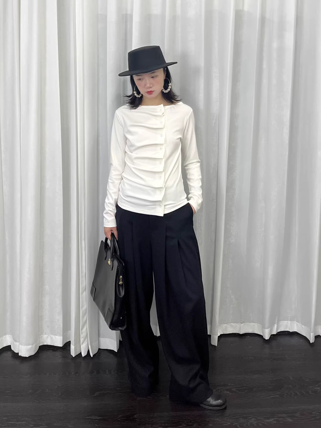 Linear Fold Placket Long Sleeve Top