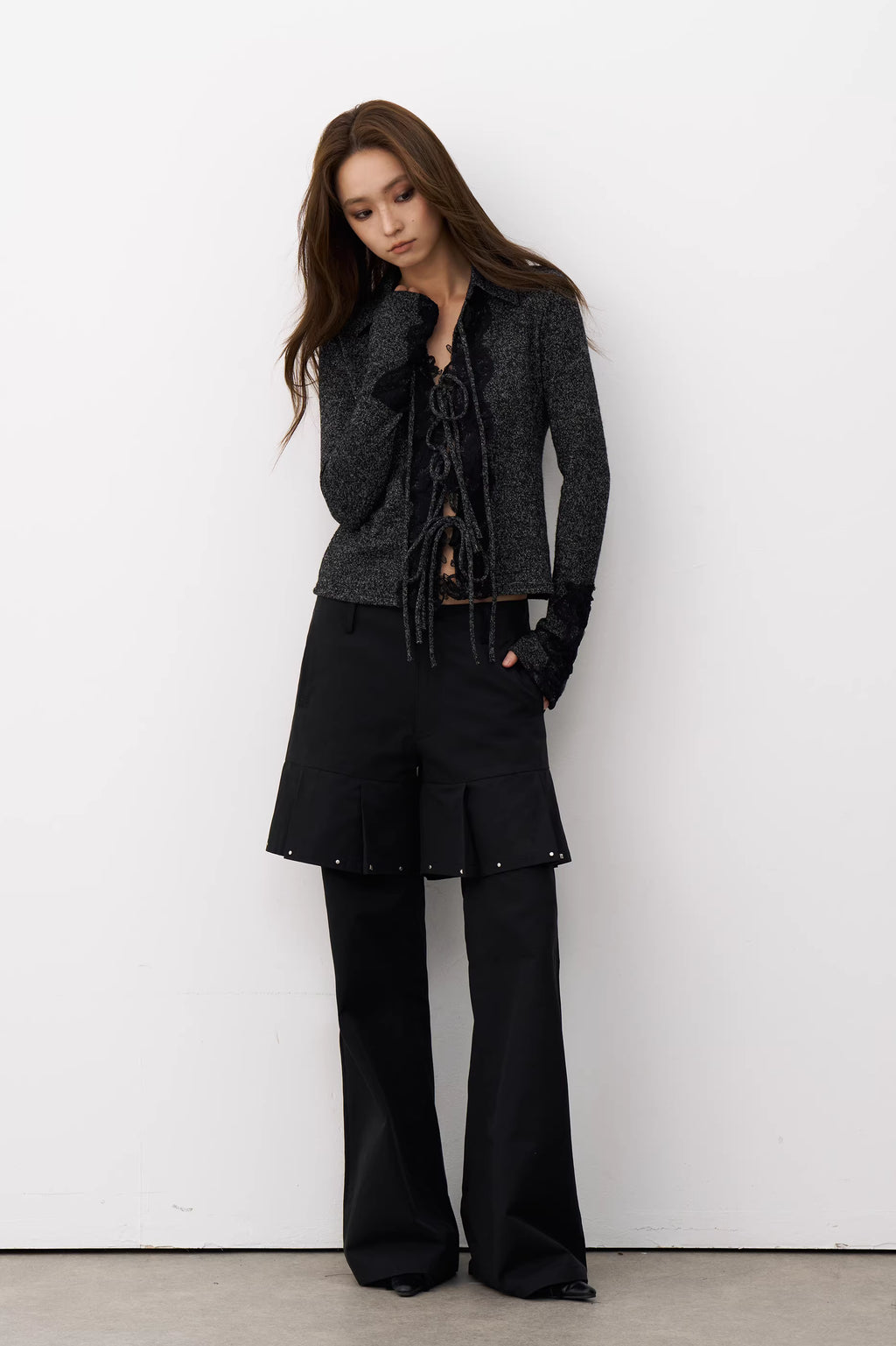 Charcoal Marl Lace-Up Knit Top