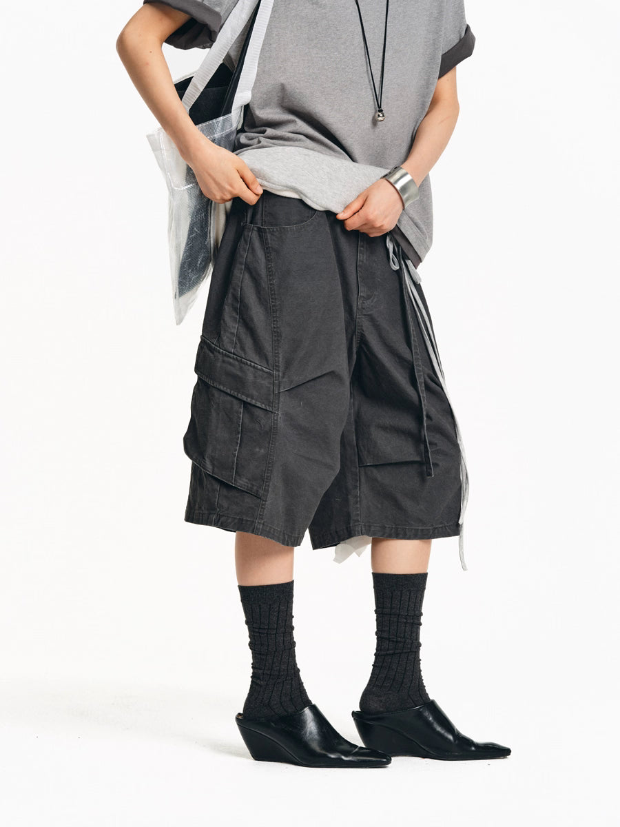 Drawstring Washed A-line Cargo Wide-Leg Shorts