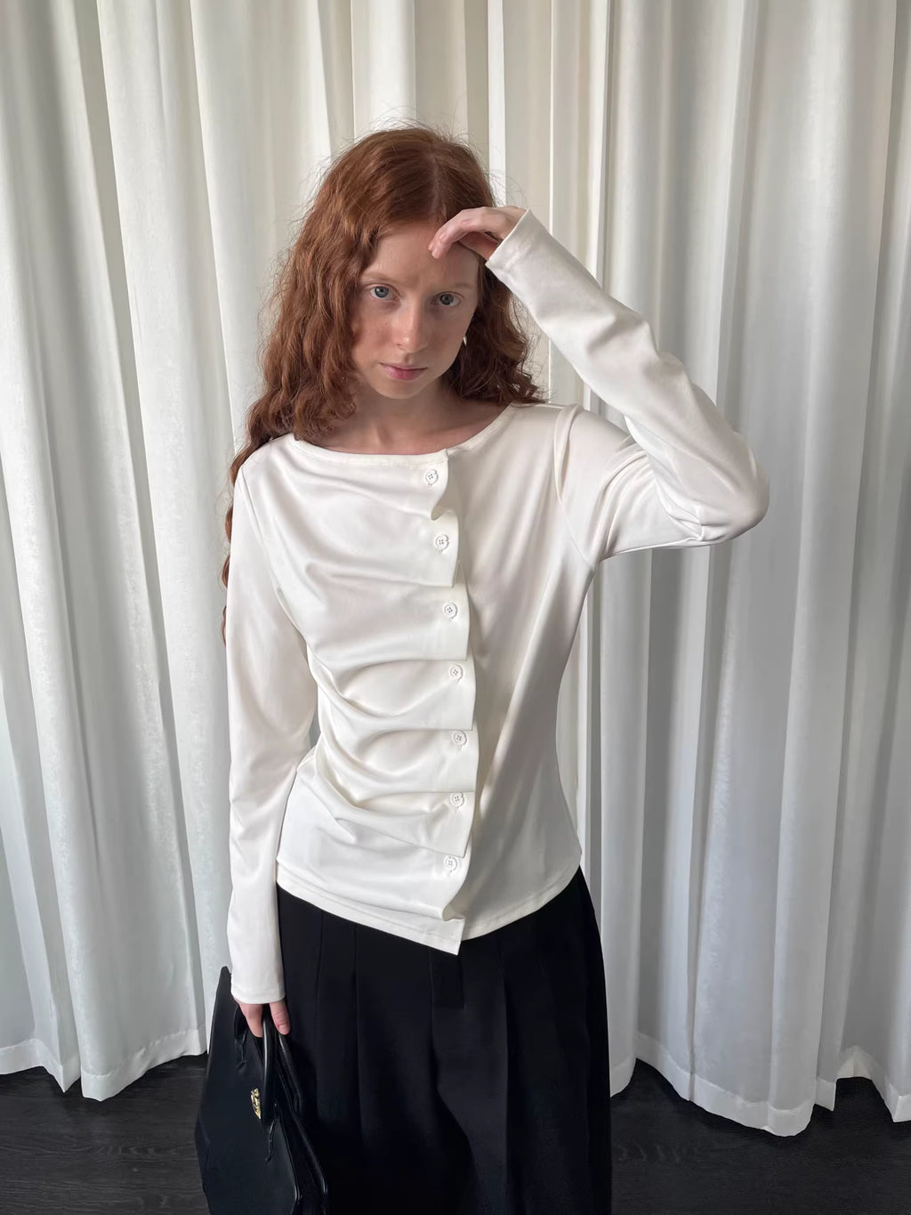 Linear Fold Placket Long Sleeve Top