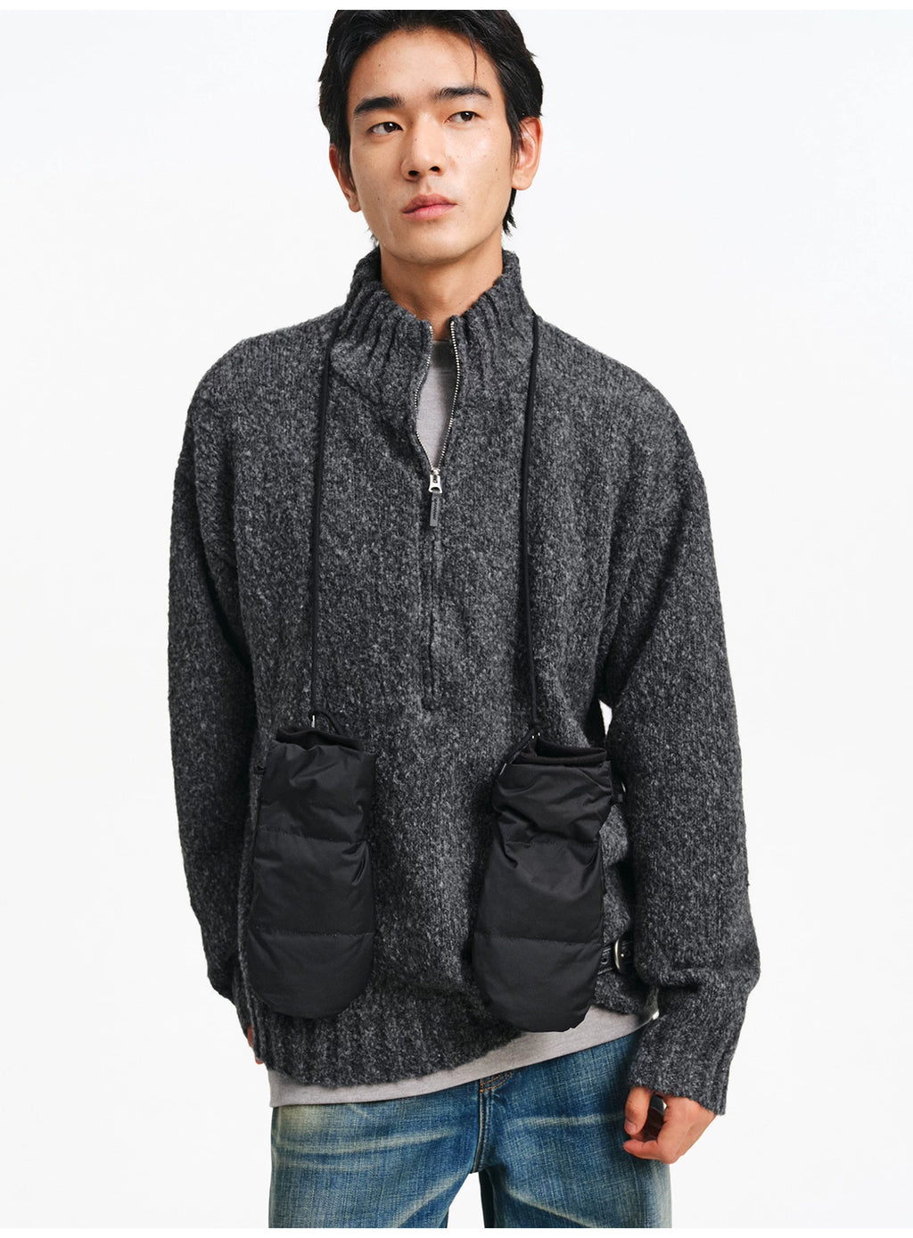 Textured Bouclé Half-Zip Knit – Charcoal