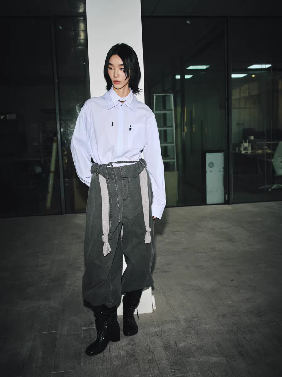 Deconstructed Wide-Leg Charcoal Trousers