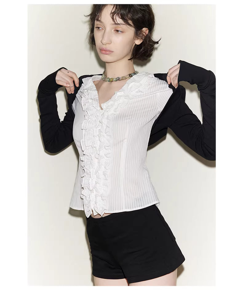 Ruffle Bodice Pinstripe Blouse