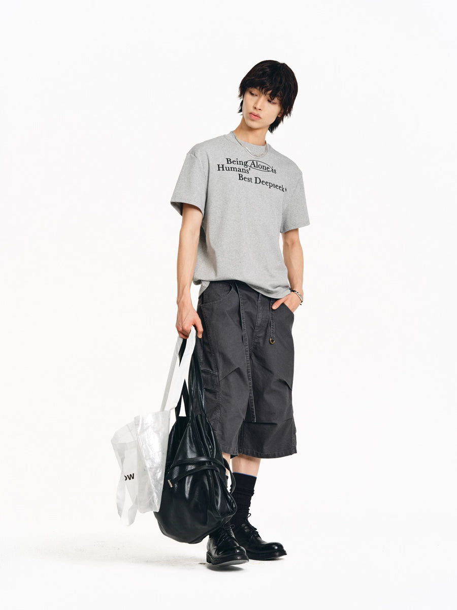 Drawstring Washed A-line Cargo Wide-Leg Shorts