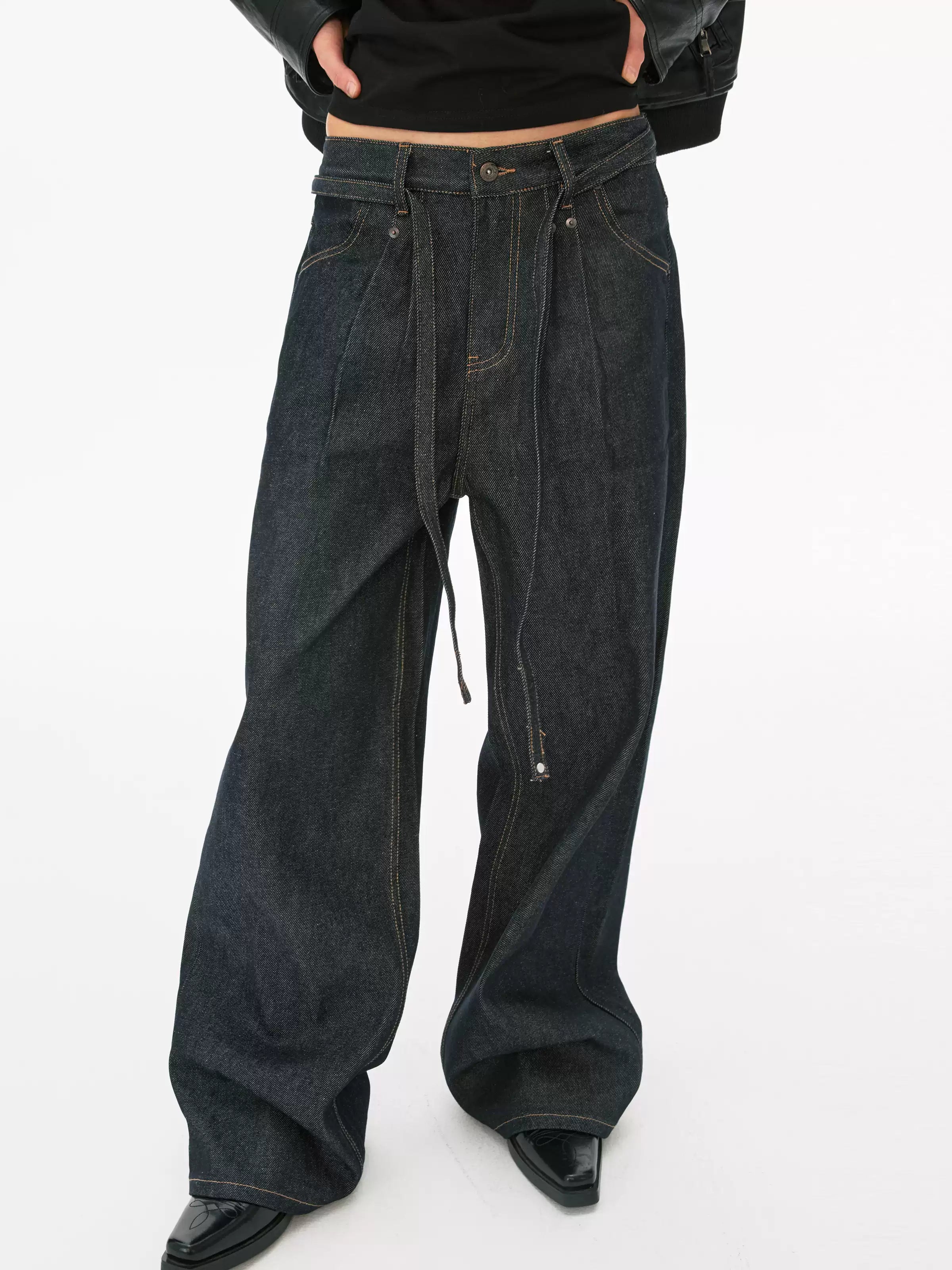 Pleated Wide-Leg Denim Trousers