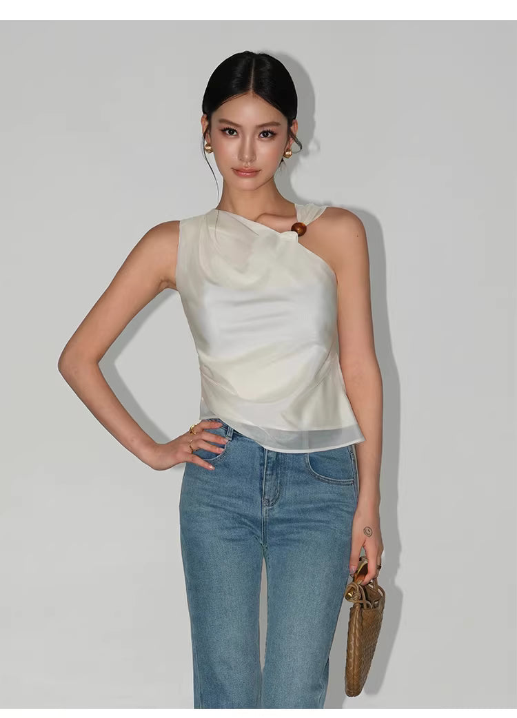 Beaded One Shoulder Top in Black Ink or White