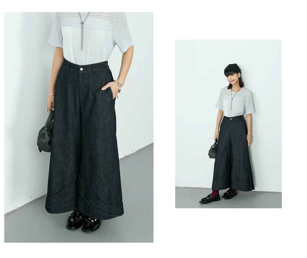 Curved Seam Wide-Leg Denim Trousers