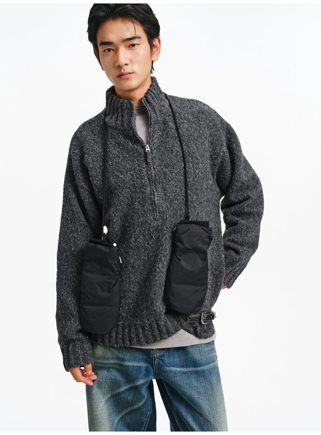 Textured Bouclé Half-Zip Knit – Charcoal