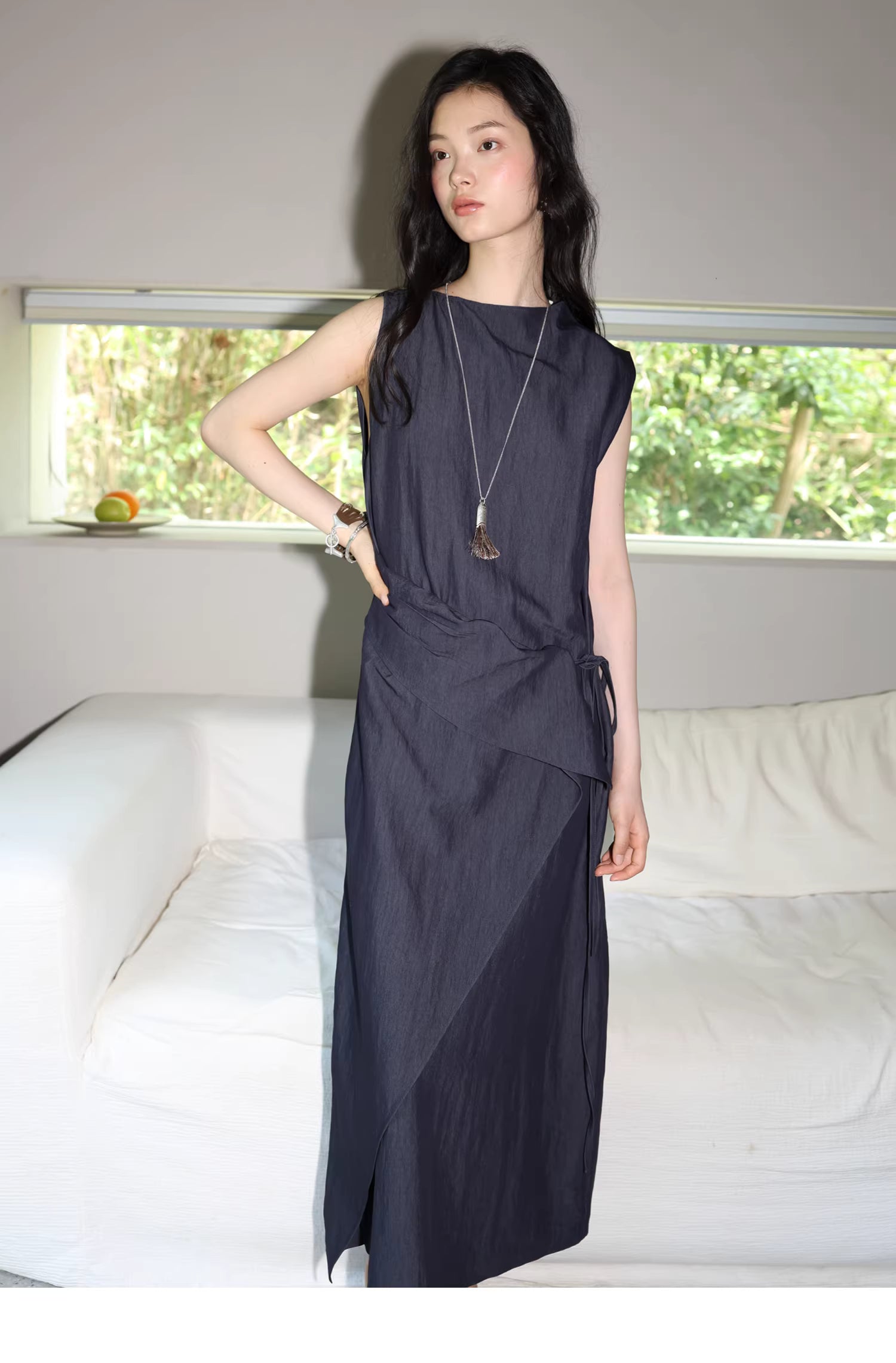 Sculptural Indigo Side-Tie Maxi Dress