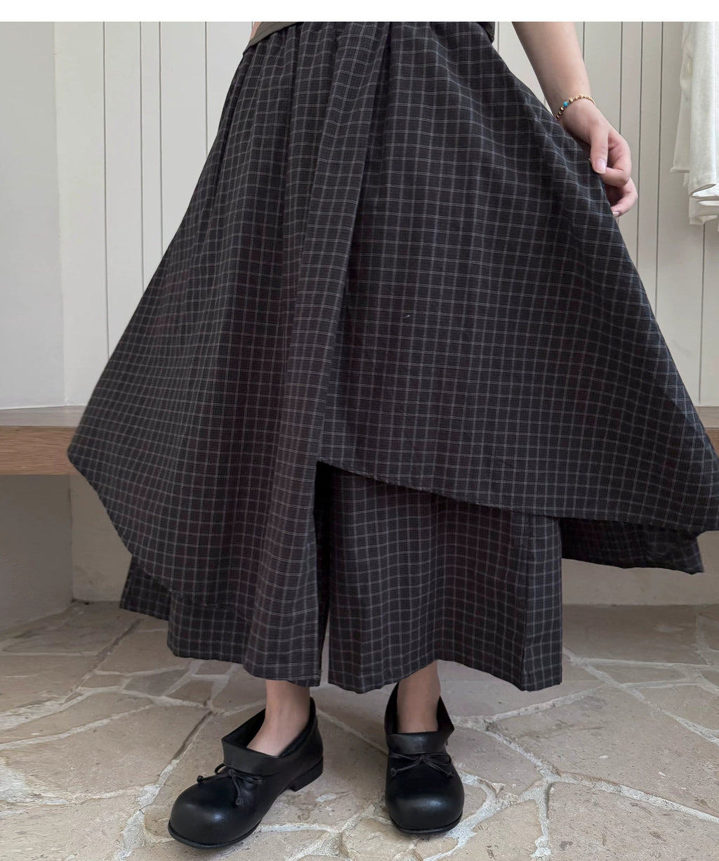 Layered Check Wide-Leg Skirt Trousers