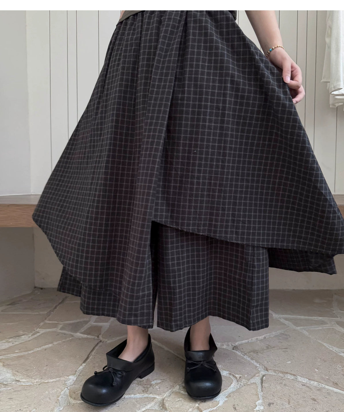 Layered Check Wide-Leg Skirt Trousers